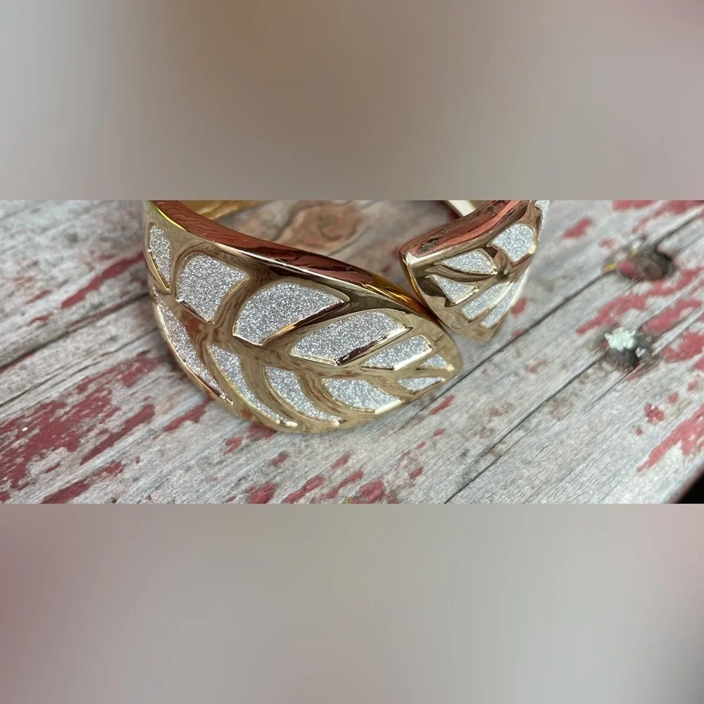 Silver Shimmer Gold Tone Leaf Cuff Bracelet